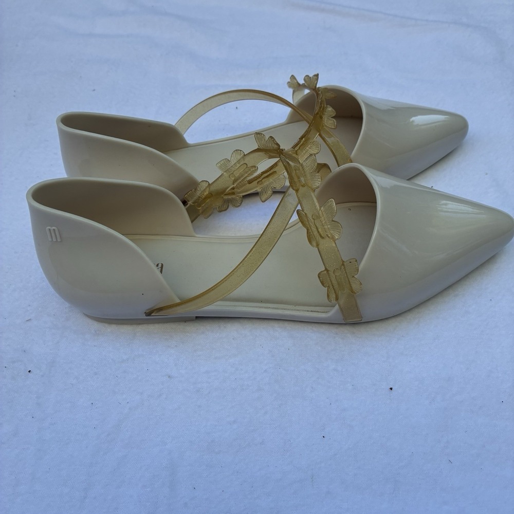 Melissa Pointy Stripe Fly Ballerina Jelly Flats Beige Yellow Butterfly Size 7 US